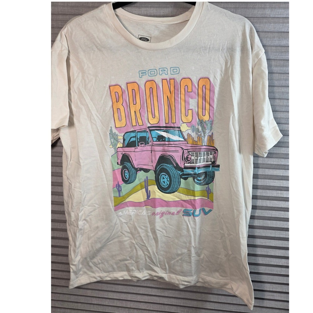 Licensed Ford Bronco Tee Shirt T-Shirt Mens XXL 2X White Pink Graphic SUV Retro